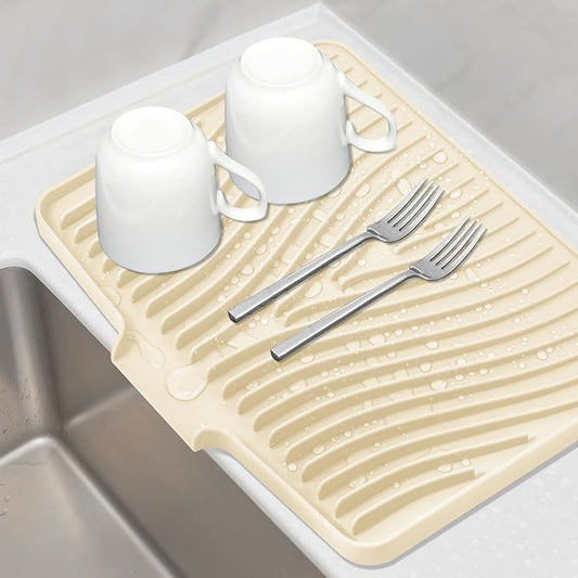 Silicone Dish Drying Mat for Kitchen Counter, Dish Drying Pad, Non-Slip Drain Pad with Built-in Drain, Heat Resistant Stone Drying Mat(Yellowish 16" x 12")