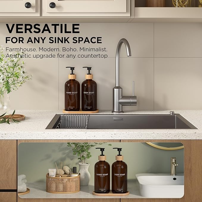 Hand and Dish Soap Dispenser Set,16oz Glass Bottles with Bamboo Pumps & Tray,Countertop Soap Dispensers for Kitchen,Luxury, Minimalist & Farmhouse Decor