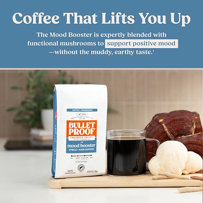 Bulletproof Mood Booster Mushroom Coffee Grounds with Lion's Mane, Ashwagandha & Reishi, Medium Roast for Focus & Mood Support, 10 oz