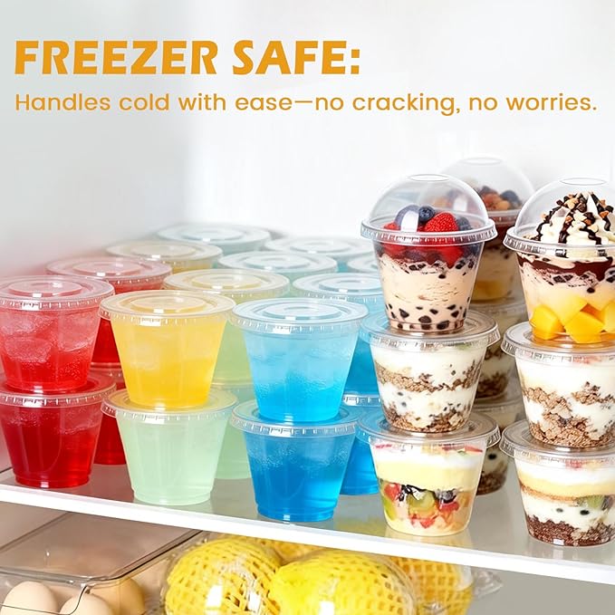Lamosi 200 Pack 9 oz Clear Plastic Cups with Lids, Clear Disposable Cups with Dome Lids No Hole for Dessert, Parfait, Yogurt, Ice Cream or Cake