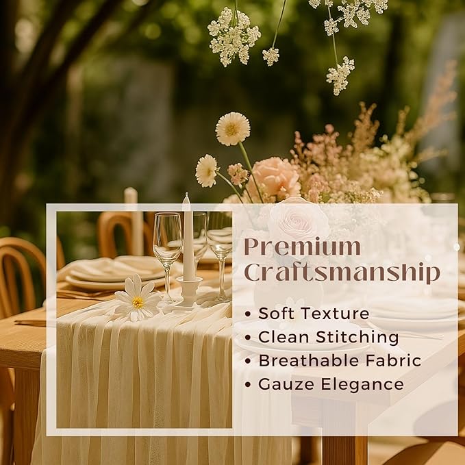 3 Pack Beige 10FT Cheesecloth Table Runner –120 Inch Soft Gauze Boho Table Runners for Baby Shower, Coastal Wedding, Modern Rustic Party Decor