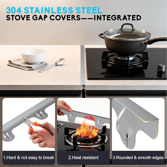 Stove Gap Covers - 304 Stainless Steel Oven Side Gap Filler, 2 Pack Stove Gap Filler - Length 23.4" Width 0.79", Spring Clip Design Fitting Gap Strong Guard Between Stove Top & Counter - Silver