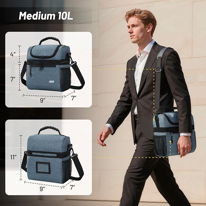 MIER Insulated Lunch Box Dual Compartment Lunch Bag Leakproof Cooler for Men Women Adult Work, Bluesteel, Medium (Upgraded Extra-Tall Bottom Layer)