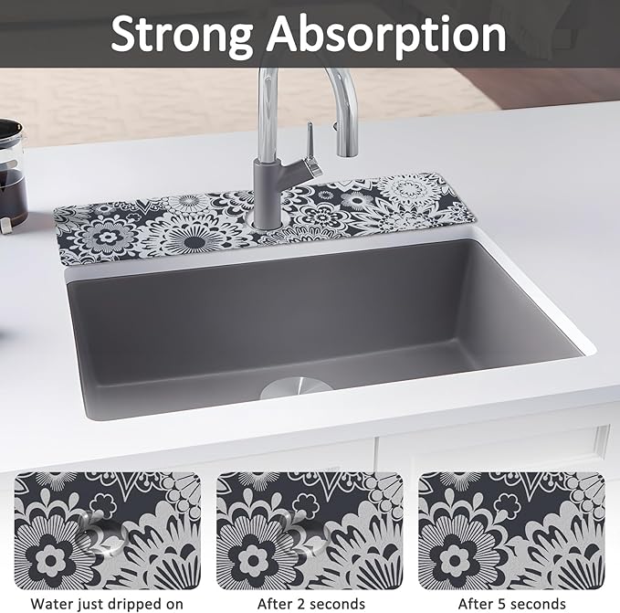 24" X 5.5" Kitchen Sink Splash Guard Faucet Mat Mandala Super Absorbent Fast Drying Faucet Guard & Draining Mat Sink Splash Guard Behind Faucet for Kitchen, Bathroom