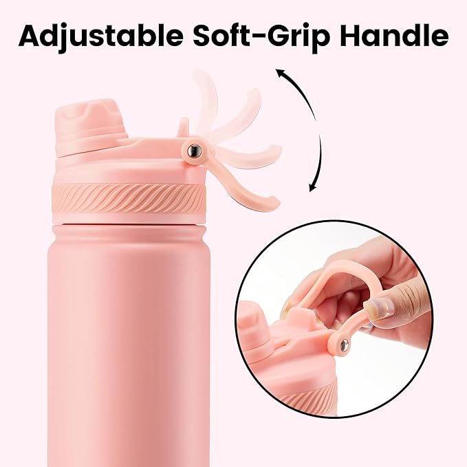 Fijinhom 24 oz Insulated Water Bottle, 2-in-1 Straw and Spout Lid Stainless Steel Thermos, Leak-Proof, Double Wall Vacuum Flask, Keep Cold 24H for Outdoor, Sports, Travel, School (Pink)