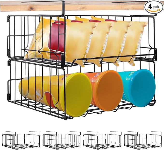 Hanging Under Shelf Storage Basket, 4 Pack Foldable Under Cabinet Metal Desk Storage Wire Rack Organizer for Kitchen Pantry Bookshelf Office Home, Easy to Install Slide-in Under Shelves (Black)