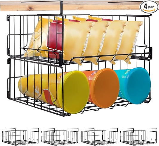 Hanging Under Shelf Storage Basket, 4 Pack Foldable Under Cabinet Metal Desk Storage Wire Rack Organizer for Kitchen Pantry Bookshelf Office Home, Easy to Install Slide-in Under Shelves (Black)