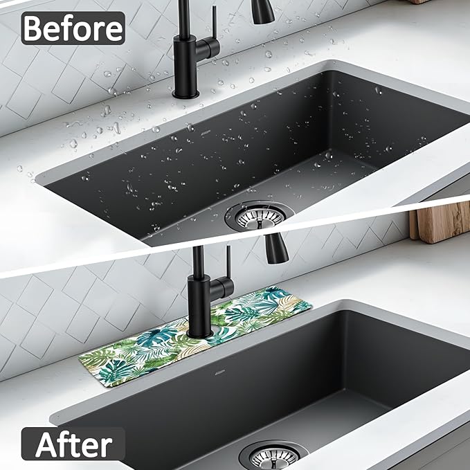 15" X 5.5" Kitchen Sink Splash Guard Faucet Mat Leaf Super Absorbent Fast Drying Faucet Guard & Draining Mat Sink Splash Guard Behind Faucet for Kitchen, Bathroom