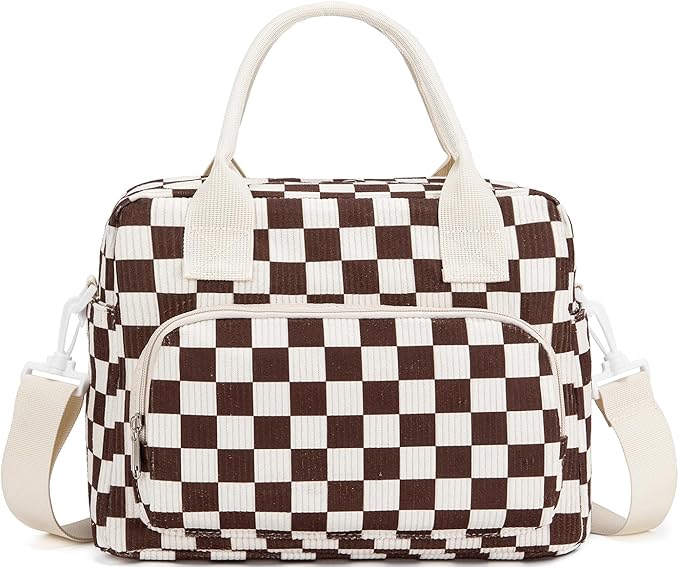 Lunch Bag Women Lunch Box for Women Adult Cute Insulated Lunch Bag Lager Cooler Lunch Tote Bags for Work Picnic (Coffee-White Plaid)