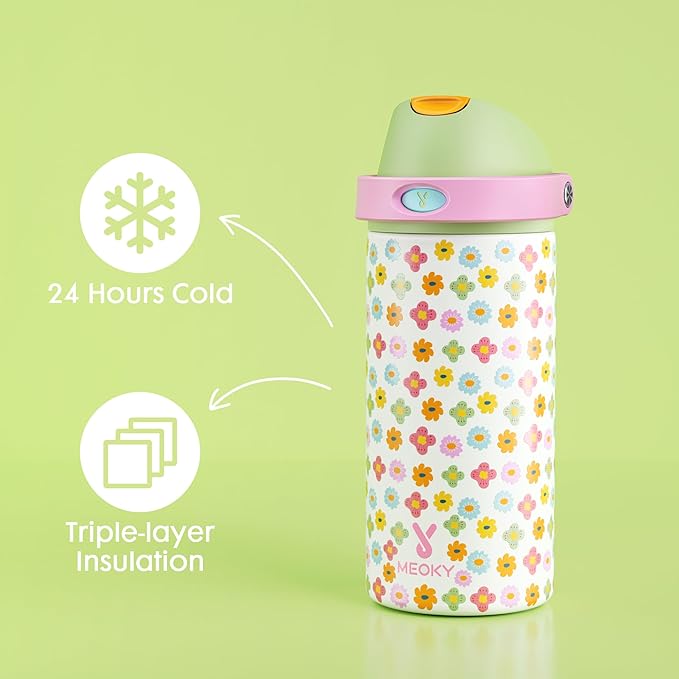 18 oz Kids Water Bottle for School: Meoky 18 oz Stainless Steel Insulated Water Bottle with 2-in-1 Straw and Spout Lid - Leak Proof, Fits in Car Cup Holder, BPA-Free for Teen Girls, Rainbow Blooms