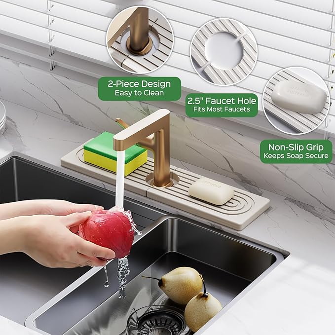 16 Inch Stone Faucet Mat for Kitchen Sink Splash Guard - Diatomite Quick Dry Stone Mat Kitchen Sink Protectors, Water-Absorbent Faucet Handle Drip Catcher Tray with Drainage (White, 15.7" x 3.9")