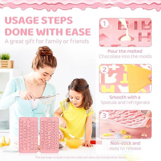 2PCS Silicone Molds for Chocolate,Number Letter Molds,Reusable Candy Molds with Happy Birthday Decorating Symbols,Mini Size Alphabet Decorating for Birthday Cake Lollipop Fondant Chocolate (Pink)
