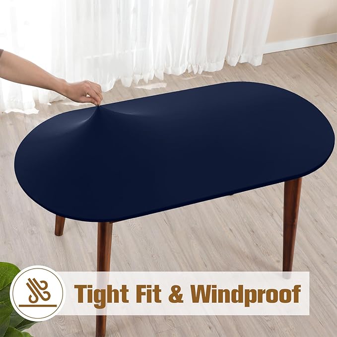 Fitted Oval Tablecloth 42 x 60 Inch Elastic Table Cloth, Stretch Spandex Table Cover Navy Washable Polyester Top Cap Cover for Dining Picnic Camping Indoor and Outdoor