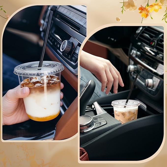 tchrules 100 Set 12oz Plastic Cups with Lids and Straws, Disposable Clear Iced Coffee Cup with Lid, Round Bottom Plastic To Go Cups for Cold Drinks Slushie Smoothie Lemonade Party Picnic Shop Supplies