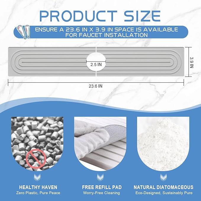 Stone Faucet Mat for Kitchen Sink, Water Absorbent Fast Drying Stone Tray for Sink , Quick Dry Diatomite Splash Guard for Bathroom Counter to Prevent Moisture Buildup, 23.6" x 4", Grey