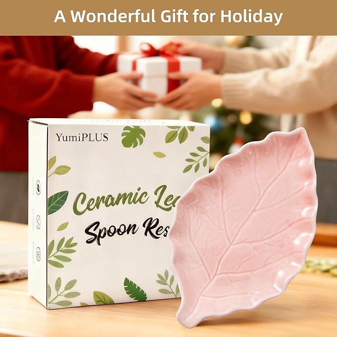 Ceramic Leaf Shape Spoon Rest for cooking, Cute Cooking Spoon Holder for Stove Top,Large Porcelain Spatula Rest for Kitchen Counter, Farmhouse Christmas Kitchen Decor (pink)