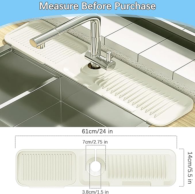 Silicone Sink Splash Guard Mat with Slanted Design,24*5.5 Inch Large Non-Slip Base,Multi-Surface Protector for Kitchen,Bathroom,Laundry,RV,Easy Clean Water Deflector Accessory(milky white)
