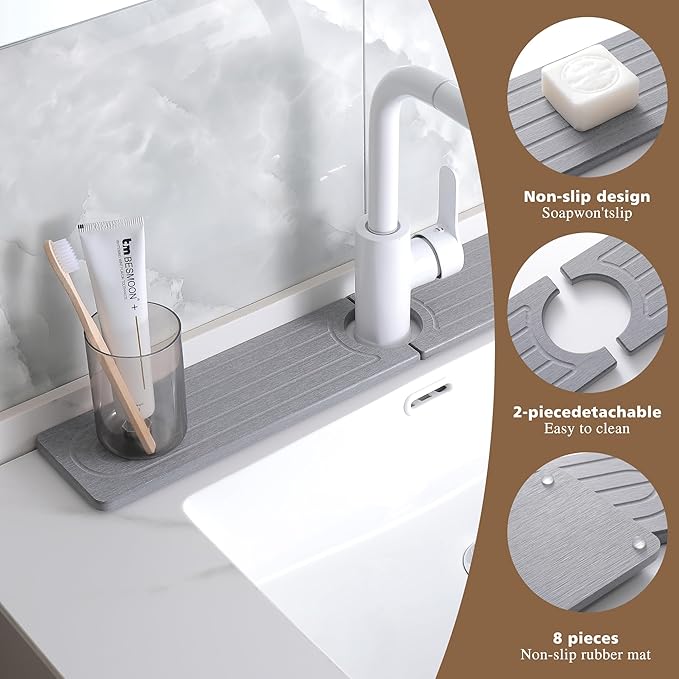 Premium Diatomite Stone Drying Mat for Kitchen Counter - Faucet Mat for Kitchen Sink, Sink Protector & Splash Guard, Quick-Dry Kitchen Sink Mat,Super Absorbent (Gray, 15.8"x4")