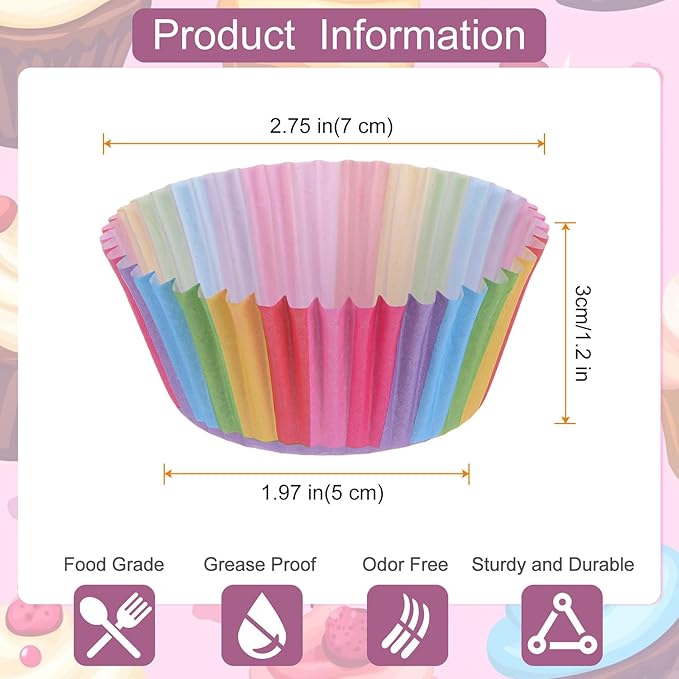 100 Pack Rainbow Cupcake Liners, Standard Size Greaseproof Baking Cups, Colorful Muffin Wrappers for Birthday Party, Wedding, cupcake liners for baking