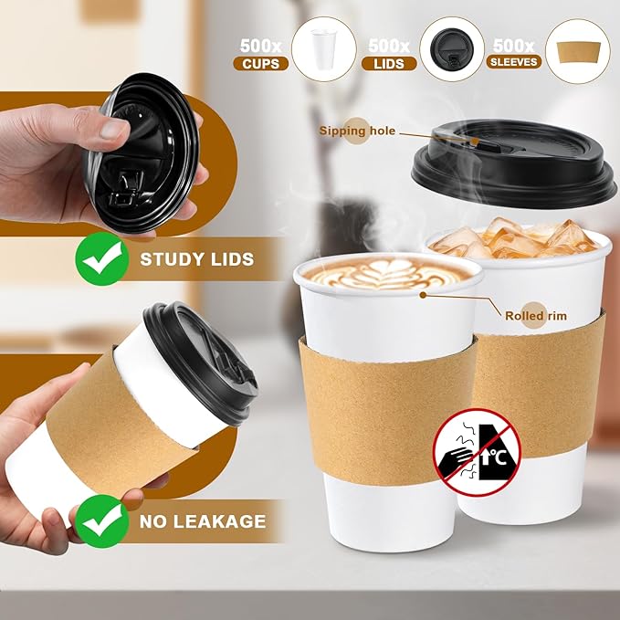 Lamosi 50 Pack 12 oz Disposable Coffee Cups with Lids and Sleeves, Leak-Proof To Go Coffee Cups with Lids, Hot/Cold Beverage White Drinking Cup for Home, Office, Parties, Travel