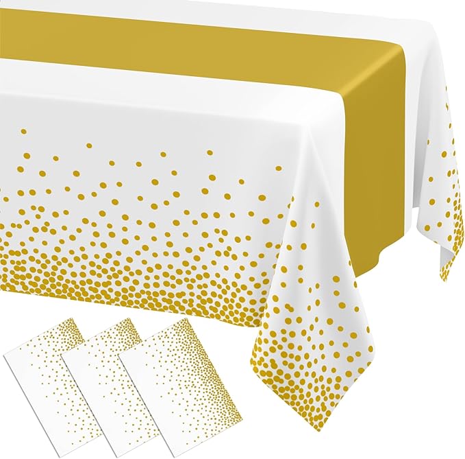 Smiry Plastic Table Cloth Disposable 3 Pack, 54 x 108 Inch Rectangle Waterproof Tablecloth, Printed Gold Table Runner Style for Birthday Weeding, Party Decorations, Leakproof & Sturdy, White and Gold