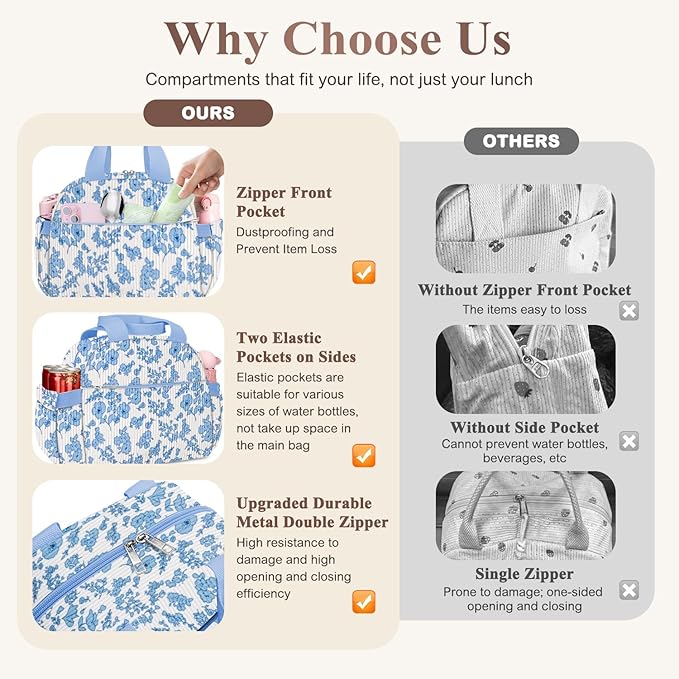 KUBYA Lunch Bag Lunch Box for Women, Cute Corduroy Insulated Reusable Work Leakproof Simple Adults Flower Large Lunch Boxes Tote Bag Men Cooler Bag