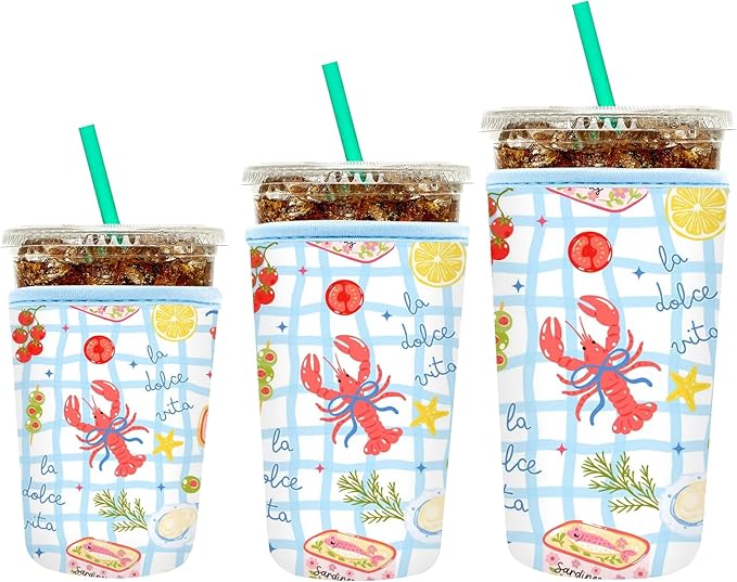 YR Reusable Neoprene Insulator Sleeve for Iced Coffee Cups, 3 Pack Coffee Coolies sleeves for Iced & Hot Drinks, Cold Beverage Cooler Compatible with Starbucks Coffee and More (Lobster)