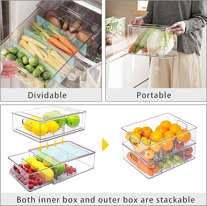 Stackable Fridge Drawer Pull-Out Bins with Handles 3 Pack Large Clear Food Container with Removable Dividers Refrigerator Storage box Divided Produce Saver for Pantry Kitchen