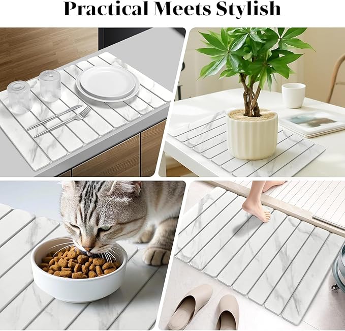 2 PCS Large Stone Dish Drying Mat for Kitchen Counter, 24"×16" Marble Dish Drying Mat with 8"x 4" Coasters, Non - Slip Collapsible Absorbent Mat for Multi - Purpose, Match Any Countertop【White】