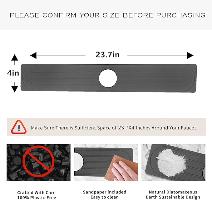 Stone Faucet Mat for Kitchen Sink, Diatomite Fast Drying Absorb Moisture Tray, Prevents Water Buildup, Durable Anti-slip Splash Guard Sink Protector (Dark Gray, 23.7"x4")