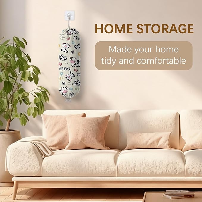 Cow Plastic Bag Holder Dispenser, Plastic Grocery Bag Organizer & Wall Mount Paper Trash Bags Saver Storage for Kitchen Home Pantry Decor, Cute Cow Shopping Bags Storage Dispenser