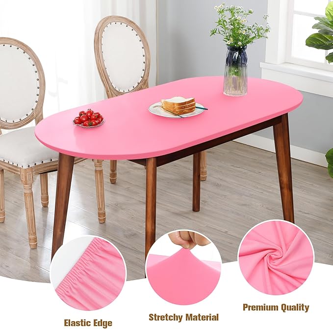 NEWISHER Fitted Oval Tablecloth 42 x 60 Inch Elastic Table Cloth, Stretch Spandex Table Cover Pink Washable Polyester Top Cap Cover for Dining Picnic Camping Indoor and Outdoor