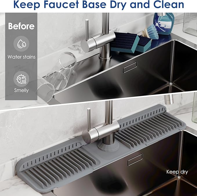 24 Inch Silicone Faucet Mat for Kitchen Sink Splash Guard - 7° Slope Upgraded Water Draining Mat with Fasten Button for Bathroom Area (Dark Grey, 24''x5.5'')