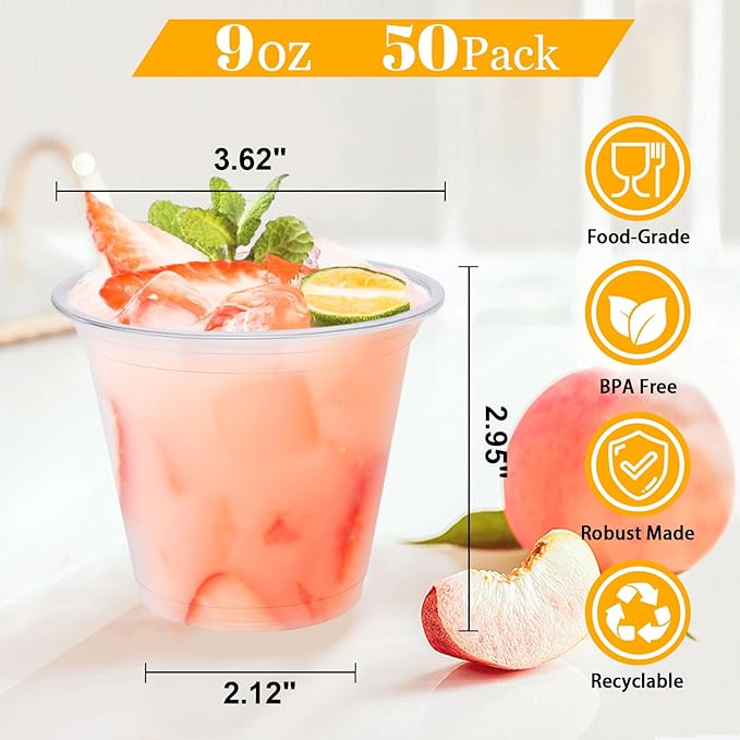 Clawsoff 50 Pack 9 oz Clear Plastic Cups, Disposable Parfait Cups No Lids, Fruit Cup, Clear PET Cup for Dessert, Cold Drink, Ice Cream, Salad