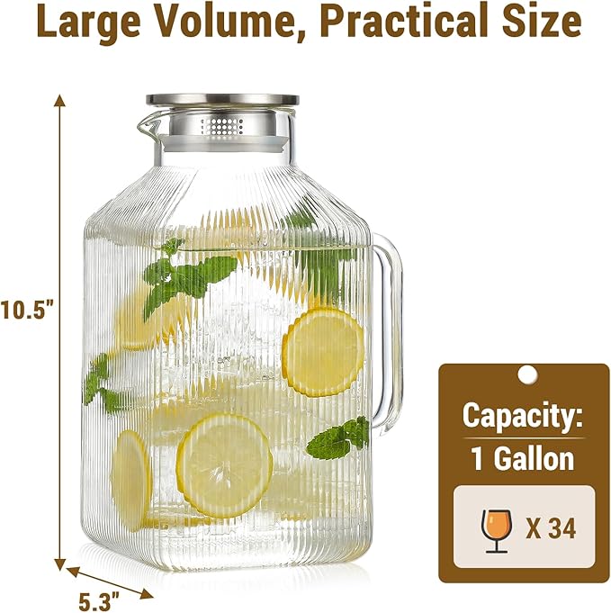 1 Gallon thickened Square Glass Pitcher with Lid, Classic Stripes Water Pitchers for Fridge, Borosilicate Glass Carafe for Hot/Cold Brew Drink, Extra Large Jug with Handle for Iced Tea, Coffee, Juice