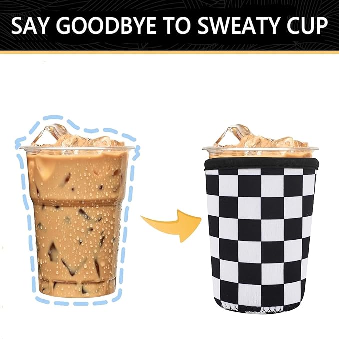 YR Reusable Neoprene Insulator Sleeve for Iced Coffee Cups, 3 Pack Coffee Coolies sleeves for Iced & Hot Drinks, Cold Beverage Cooler Compatible with Starbucks Coffee and More (Checkerboard Pattern)