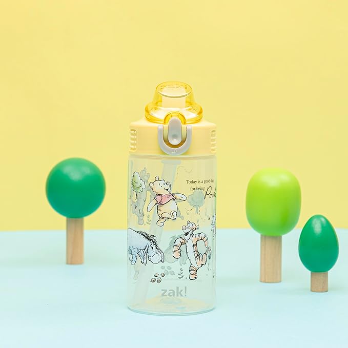 Zak Designs Disney Winnie the Pooh Sage Kids Water Bottle For School or Travel, 16oz Durable Plastic Water Bottle With Straw, Handle, and Leak-Proof, Pop-Up Spout Cover (Winnie the Pooh & Friends)