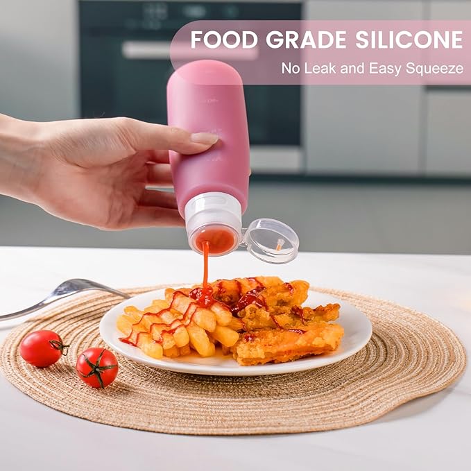 MICEBAY Condiment Squeeze Bottles for Sauces, 6-oz Small Silicone Salad Dressing Container to Go with Snack Storage Bag, Leakproof Sauce Bottles for Lunch Box, 4 Pack, Pink