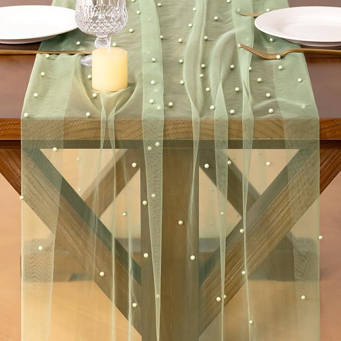 Socomi Pearl Table Runner Tulle Summer Cheesecloth 10FT Gauze Cheese Cloth Sheer Chiffon Wedding Birthday Party Baby Shower Bridal Anniversary Holiday Centerpiece Table Decor 3pcs Sage Green