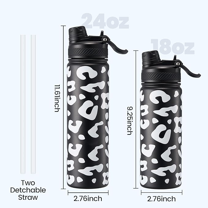 Fijinhom 18 oz Insulated Water Bottle, 2-in-1 Straw and Spout Lid Stainless Steel Thermos, Leak-Proof, Double Wall Vacuum Flask, Keep Cold 24H for Outdoor, Sports, Travel, School (Cow)
