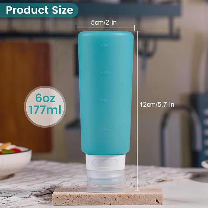 MICEBAY Condiment Squeeze Bottles for Sauces, 6-oz Small Silicone Salad Dressing Container to Go with Snack Storage Bag, Leakproof Sauce Bottles for Lunch Box, 4 Pack, Mint