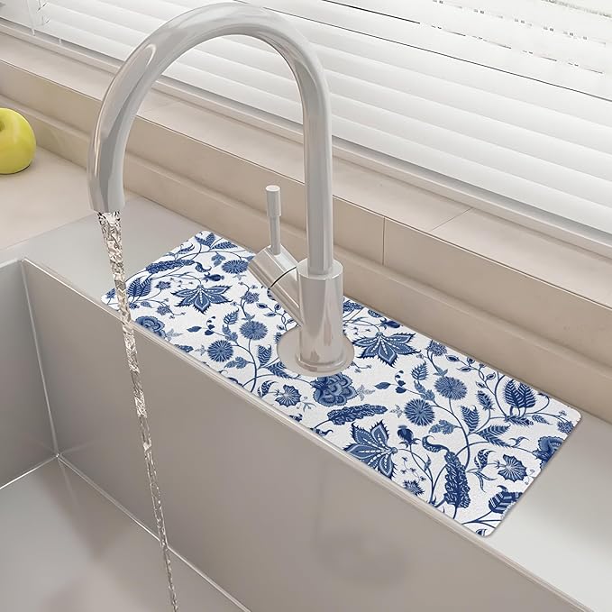 15" X 5.5" Kitchen Sink Splash Guard Faucet Mat Floral Super Absorbent Fast Drying Faucet Guard & Draining Mat Sink Splash Guard Behind Faucet for Kitchen, Bathroom