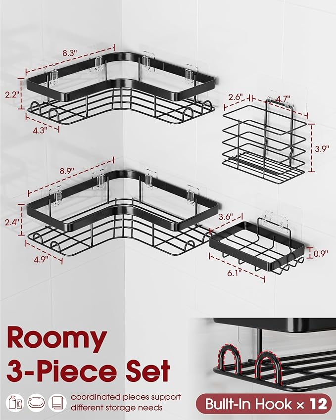 Sakugi Corner Shower Caddy - 4-Pack Shower Organizer with Soap Holder & Toothbrush Holder, Rustproof Metal Shower Shelves, Laundry, Kitchen, Bathroom Organizers and Storage Solution, Large, Black