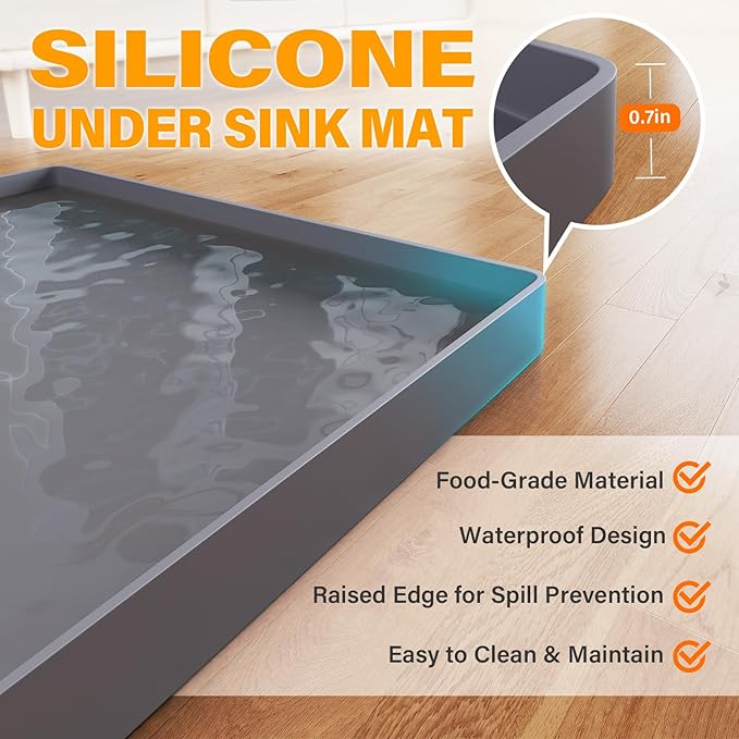 FLATO Waterproof Under Sink Mat 37" x 22" Shelf Liner for Kitchen and Bathroom, Cabinet Protector, Organizers and Storage, Flexible Silicone Drip Tray