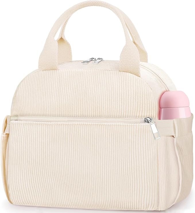 KUBYA Lunch Bag Lunch Box for Women, Cute Corduroy Insulated Reusable Work Leakproof Simple Adults Large Lunch Boxes Tote Bag Men Cooler Bag