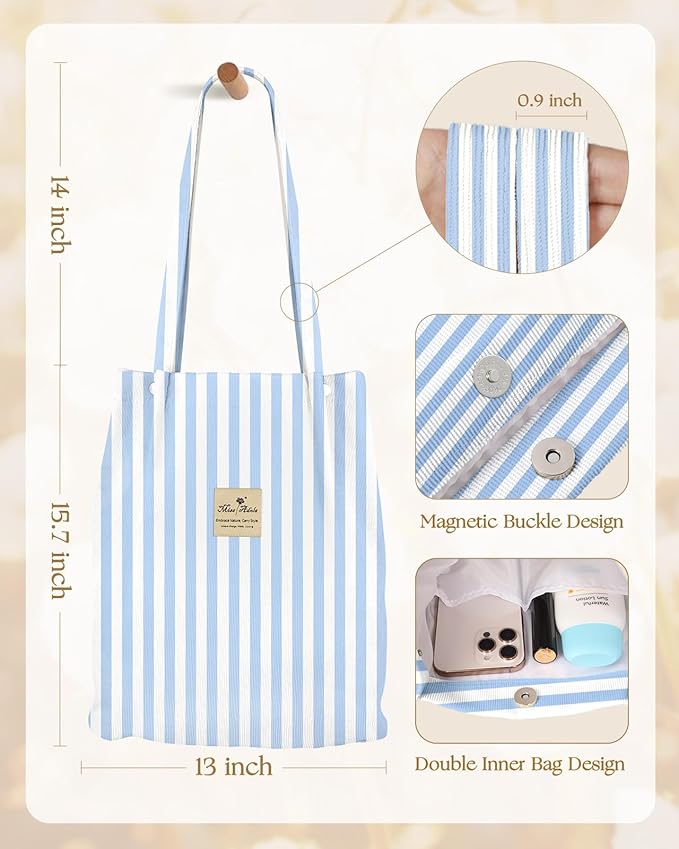 Miss Adola Corduroy Tote Bag for Women - Reusable Totes with Magnetic Buckle & Pocket Aesthetic Design Work Grocery Bags
