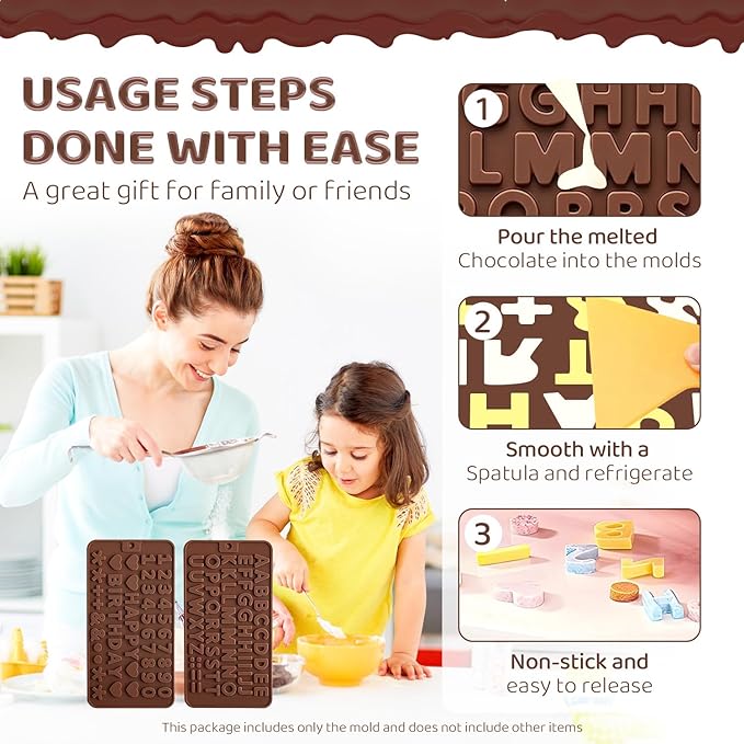 2PCS Silicone Molds for Chocolate,Number Letter Molds,Reusable Candy Molds with Happy Birthday Decorating Symbols,Mini Size Alphabet Decorating for Birthday Cake Lollipop Fondant Chocolate