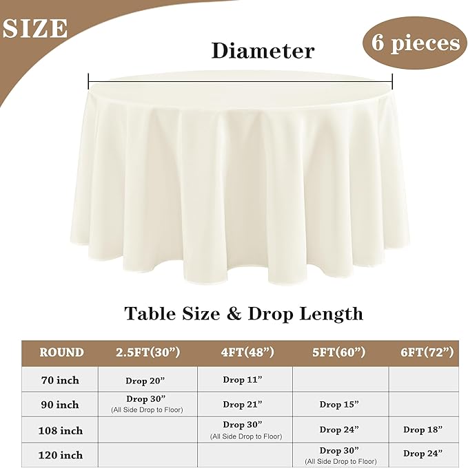 Fitable 6 Pack Ivory Round Table Clothes - 90 Inches in Diameter - Stain Resistant and Washable Tablecloths, Polyester Fabric Table Covers for Wedding, Party, Banquet, Gathering