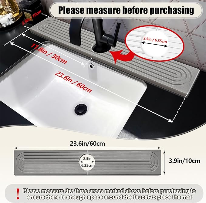 Faucet Mat For Kitchen Sink, 23.6"Diatomite Absorbent Faucet Mat, Sink Stone Quick Dry Around Faucet, Super Absorbent, Sink Splash Guard For Kitchen Counter (Light Gray)