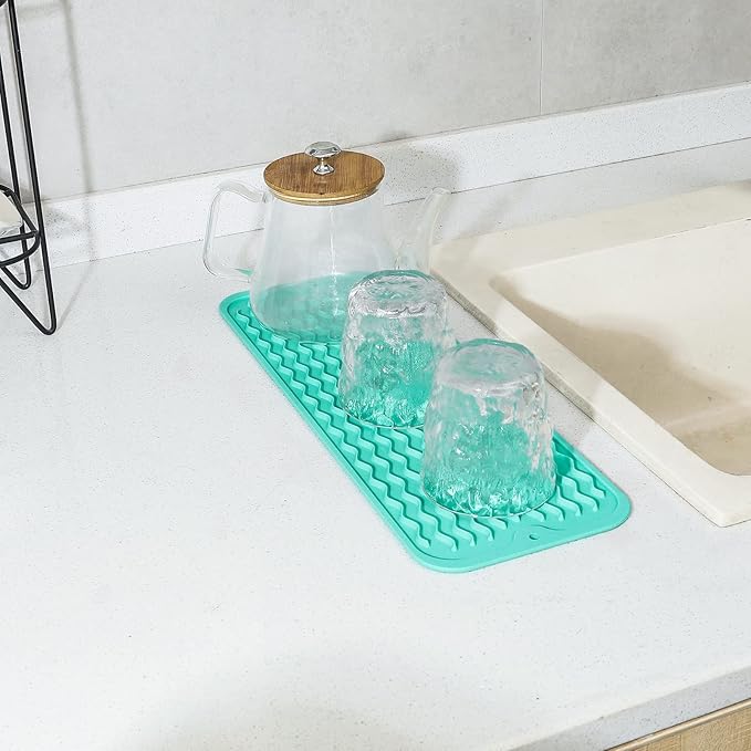 Silicone Dish Drying Mat for Multiple Usage,Easy clean,Eco-friendly,Heat-resistant Silicone Mat for Kitchen Counter,Sink,Bar,Bottle,or Cup Mint M 17 inches x 6 inches